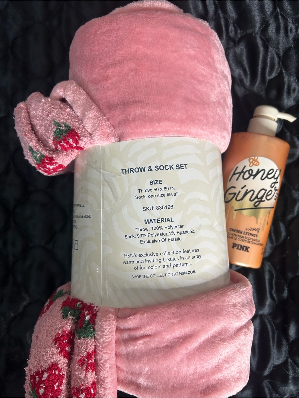 NWT Pink Plush Throw & Sock Set duo with PINK honey ginger body lotion.